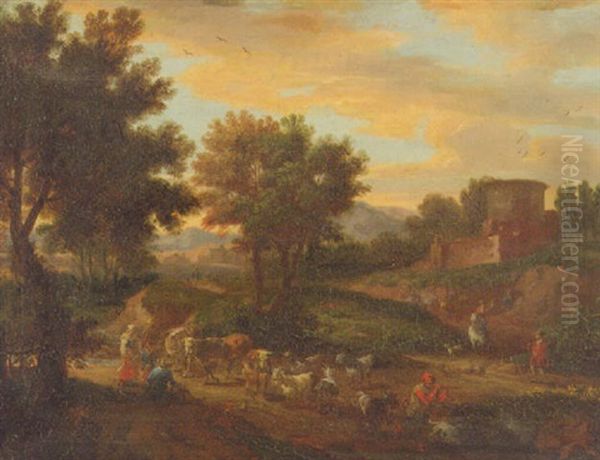 Shephers Fording Cattle And Flock On A Sandy Track By A Ruined Castle, In An Italianate Landscape Oil Painting by Adriaen Frans Boudewyns the Elder