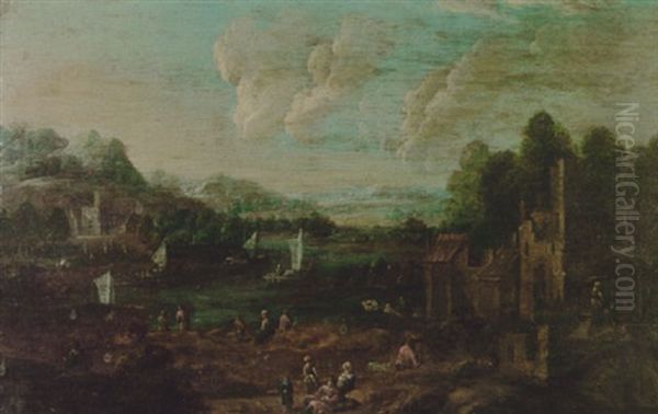 Figures Near Houses By A River Oil Painting by Adriaen Frans Boudewyns the Elder