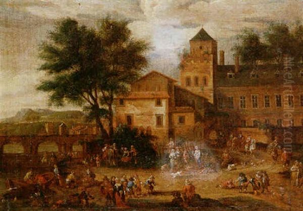 A River Town Scene With Numerous Figures On The River Bank, Before A Large Civic Building Oil Painting by Adriaen Frans Boudewyns the Elder