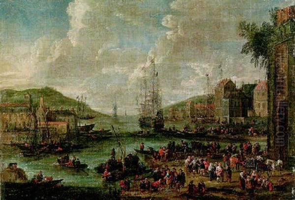 A Port With Men-o-war And Other Shipping, Townsfolk And Fishermen On The Shore Oil Painting by Adriaen Frans Boudewyns the Elder