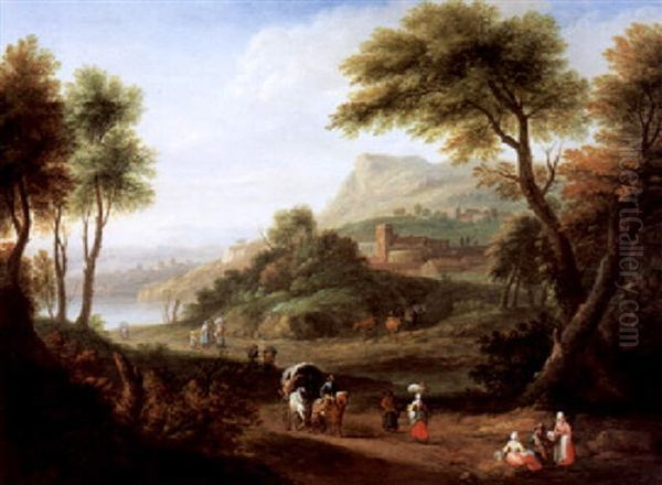 Sudliche Landschaft Mit Bauern Und Planwagen Oil Painting by Adriaen Frans Boudewyns the Elder