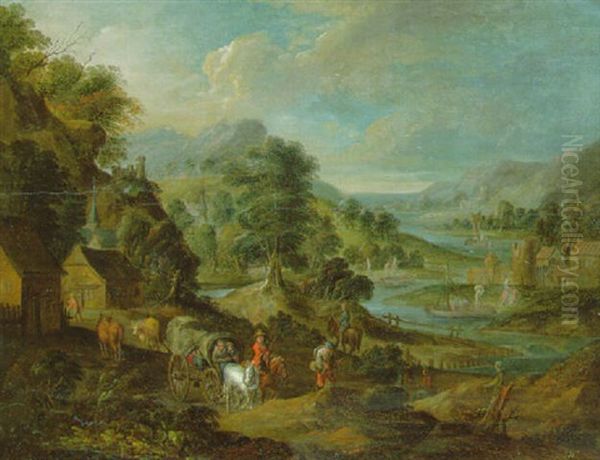 Travellers In Rocky River Landscapes Oil Painting by Adriaen Frans Boudewyns the Elder