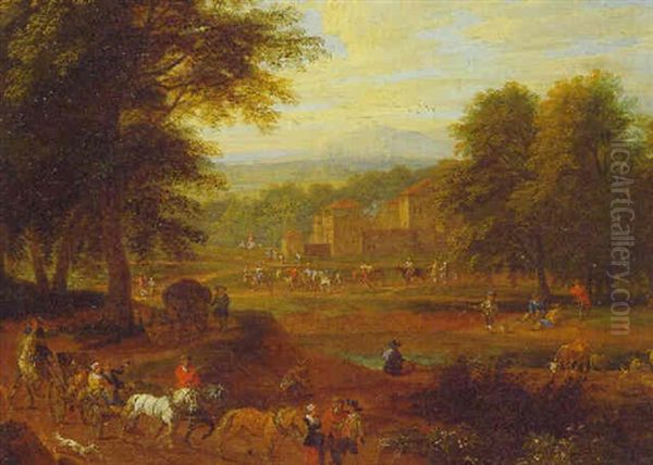 An Extensive Wooded Landscape With A Carriage On A Path And Figures By A Pond, A Castle Beyond Oil Painting by Adriaen Frans Boudewyns the Elder