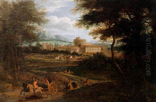 Italianate Landscape With A Gentleman In A Carriage Near A Town Oil Painting by Adriaen Frans Boudewyns the Elder