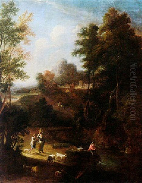 A River Landscape With A Fisherman And Shepherds In The Foreground, A Town Beyond Oil Painting by Adriaen Frans Boudewyns the Elder