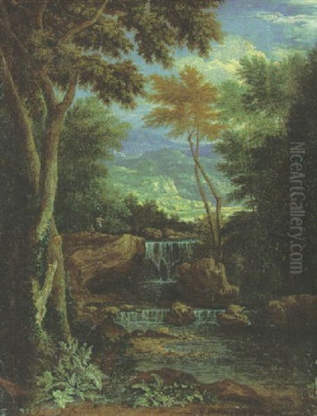 An Italianate Wooded Landscape With Figures By A Waterfall Oil Painting by Adriaen Frans Boudewyns the Elder