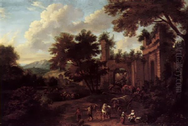 Travellers Passing Through A Set Of Ruins In A Wooded Landscape Oil Painting by Adriaen Frans Boudewyns the Elder