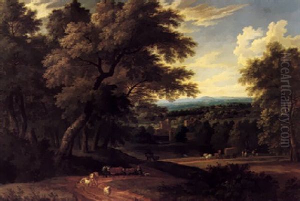 An Extensive Wooded Landscape With Herdsmen Driving Cattle And Sheep Along A Track by Adriaen Frans Boudewyns the Elder