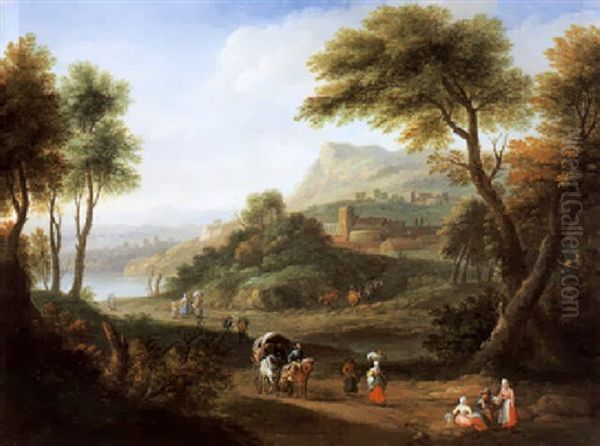 Sudliche Landschaft Mit Bauern Und Planwagen Oil Painting by Adriaen Frans Boudewyns the Elder