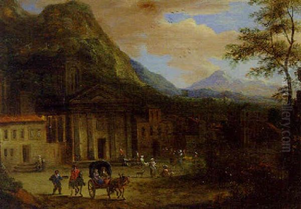 A Horse-drawn Cart And Peasants Before A Church, Mountains Beyond Oil Painting by Adriaen Frans Boudewyns the Elder