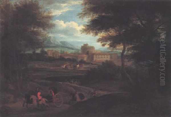 Italianate Landscape With A Gentleman In A Carriage Near A Town Oil Painting by Adriaen Frans Boudewyns the Elder