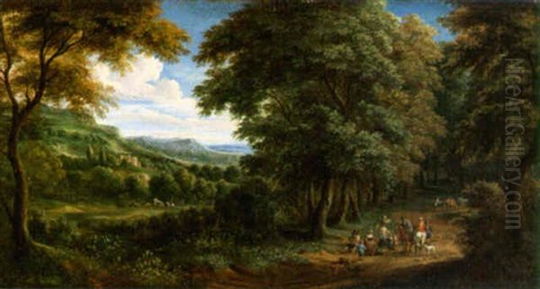 A Wooded Landscape With Horsemen Greeting Travellers On A Path Oil Painting by Adriaen Frans Boudewyns the Elder