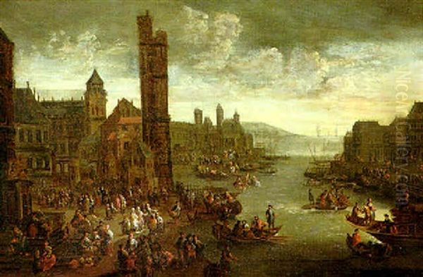 Numerous Figures At A Seaport Oil Painting by Adriaen Frans Boudewyns the Elder