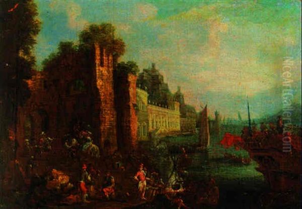 A Mediterranean Habour With Stevedores On The Shore Before A Ruined Arch, A Palace And Shipping Beyond Oil Painting by Adriaen Frans Boudewyns the Elder