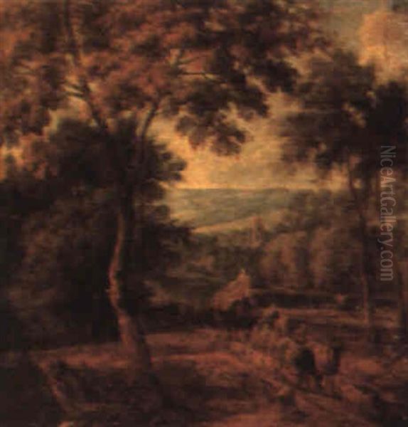 Farmers Driving Their Livestock Through A Wooded Landscape Oil Painting by Adriaen Frans Boudewyns the Elder