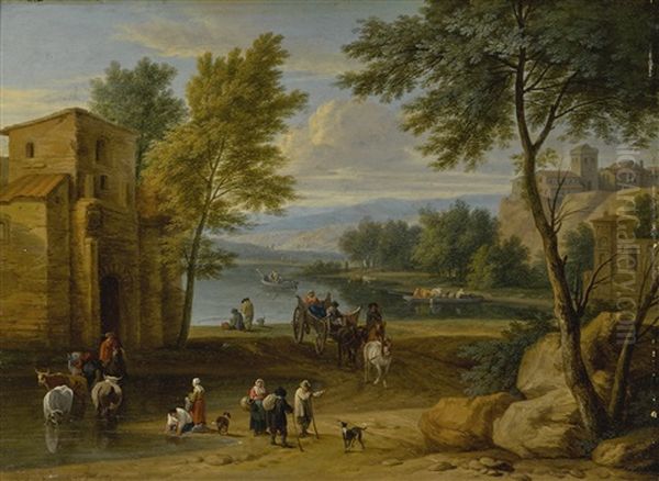 An Italianate River Landscape With Wagons, Figures, Animals, And A Ferry Oil Painting by Adriaen Frans Boudewyns the Younger