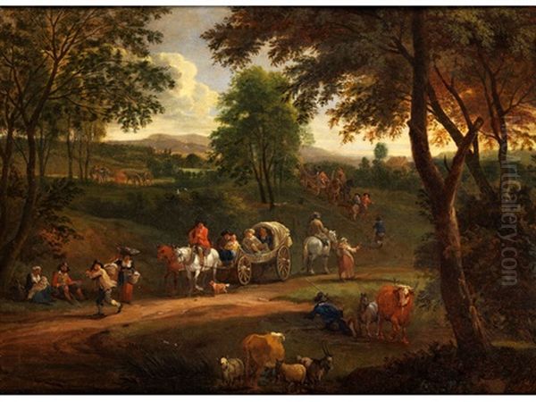 Sommerlandschaft Mit Hirten, Vieh Und Kutschwagen Auf Einer Landstrasse Oil Painting by Adriaen Frans Boudewyns the Younger