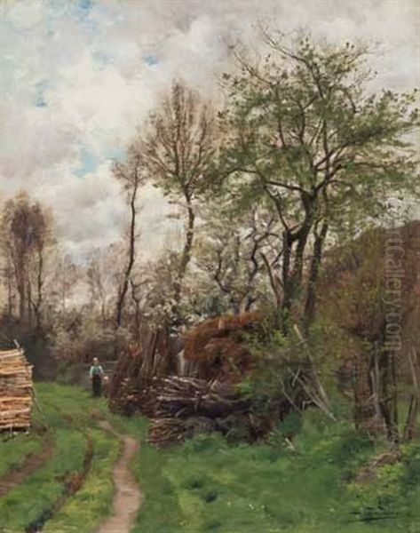 Bauerin Mit Kind Auf Einem Weg Am Waldrand Oil Painting by Edouard-Louis Boudier