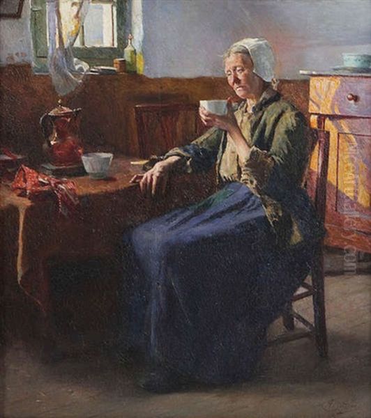 Koffiedrinkende Vrouw Aan Tafel by Alois Boudry