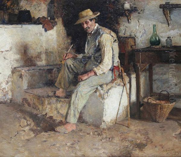 Homme A La Pipe Assis Devant La Porte De Sa Maison A Capri Oil Painting by Alois Boudry