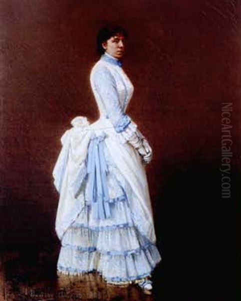 Portrait Einer Dame In Blauweissem Kleid Oil Painting by Alois Boudry