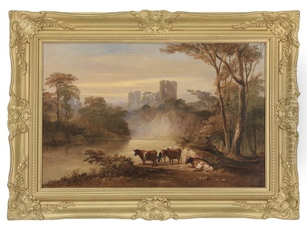 Cattle By A River With A View Of A Hilltop Castle Oil Painting by Samuel Bough