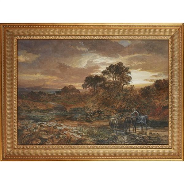 Horses In A Stream, And Distant Landscape Oil Painting by Samuel Bough