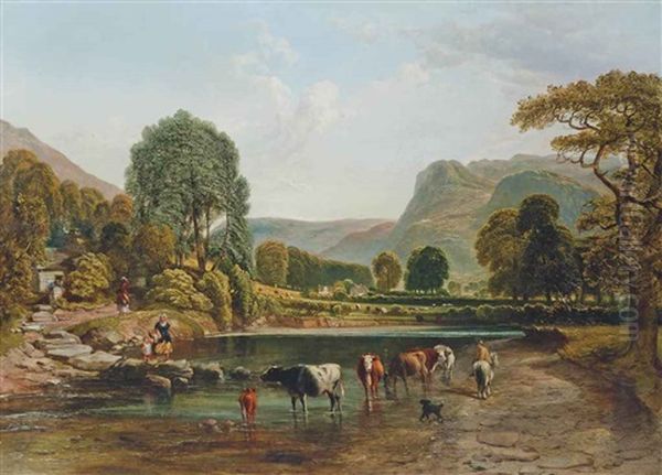 Cattle Watering By The Stepping Stones, Betws Y Coed, North Wales Oil Painting by Samuel Bough