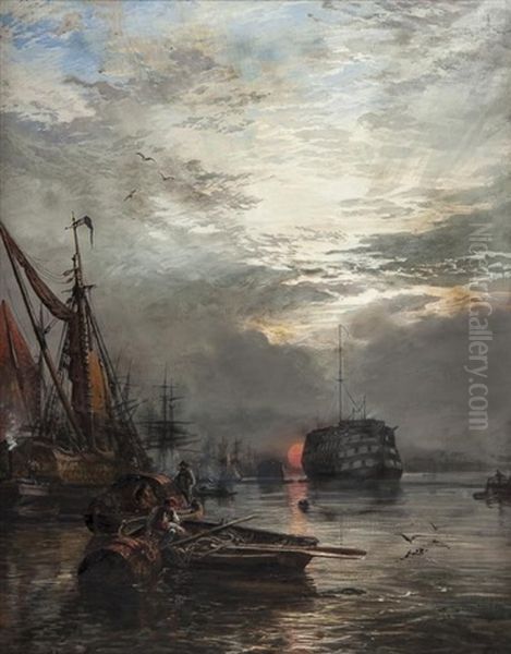 The Dreadnought From Greenwich Stairs - Sun Sinking Into Vapour Oil Painting by Samuel Bough