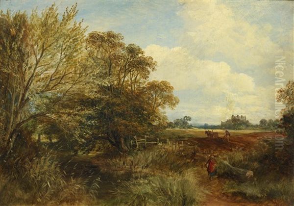 Ploughing, With A Figure Dressed In Red Entering The Field Oil Painting by Samuel Bough