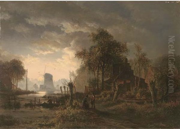 Dutch Canal Landscape By Moonlight Oil Painting by Samuel Bough