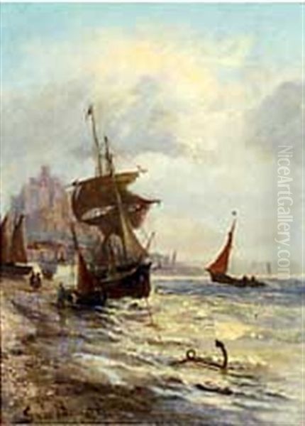 Fishing Boats Before Mont St. Michel, Brittany Oil Painting by Samuel Bough