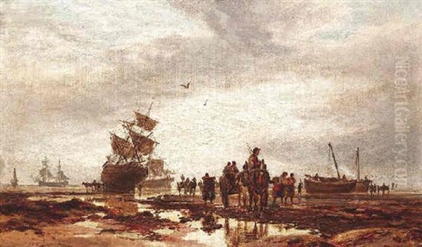 Ebbe. Fischer Bei Ihren Aufliegenden Booten An Englischer Kuste Oil Painting by Samuel Bough