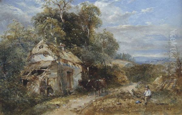 A Shed At The Edge Of A Wood, With A Boy And Two Cows On A Path Oil Painting by Samuel Bough