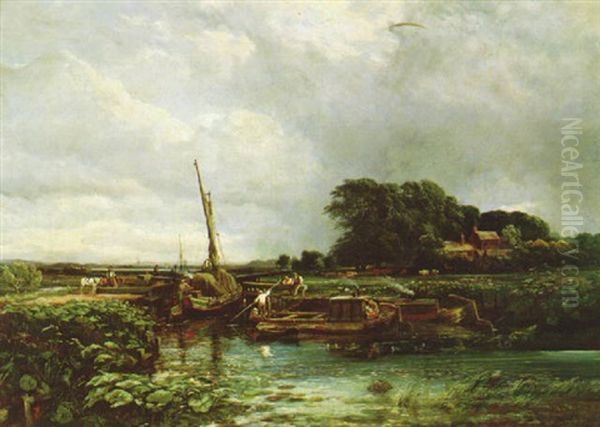 Barges On The River Irwell Oil Painting by Samuel Bough