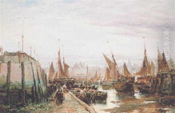 A Scottish Fishing Port Oil Painting by Samuel Bough