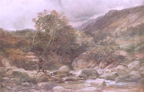 An Angler Crossing A Rocky Stream, A Cottage Beyond In A Windswept Hilly Landscape Oil Painting by Samuel Bough