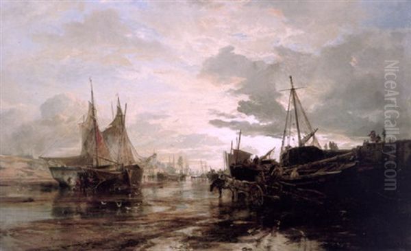 Beached Fishing Vessels In An Estuary Oil Painting by Samuel Bough