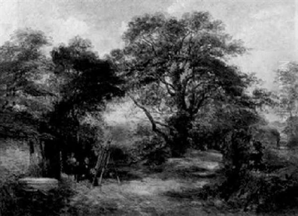 Landscape With An Artist With His Family Sketching Outside A Cottage, A Highland Landscape Beyond Oil Painting by Samuel Bough