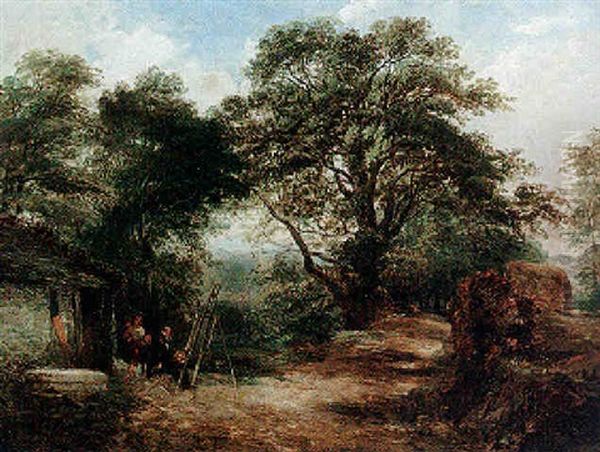 Landscape With An Artist With His Family Sketching Outside A Cottage, Highland Landscape Beyond Oil Painting by Samuel Bough