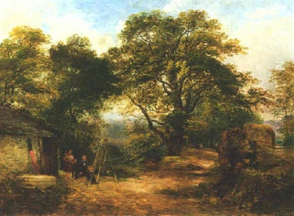 Landscape With An Artist With His Family Sketching Outside A Cottage, A Highland Landscape Beyond Oil Painting by Samuel Bough