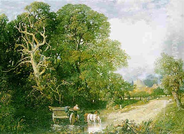 Wagon Horses Watering, A Smallholding Beyond Oil Painting by Samuel Bough