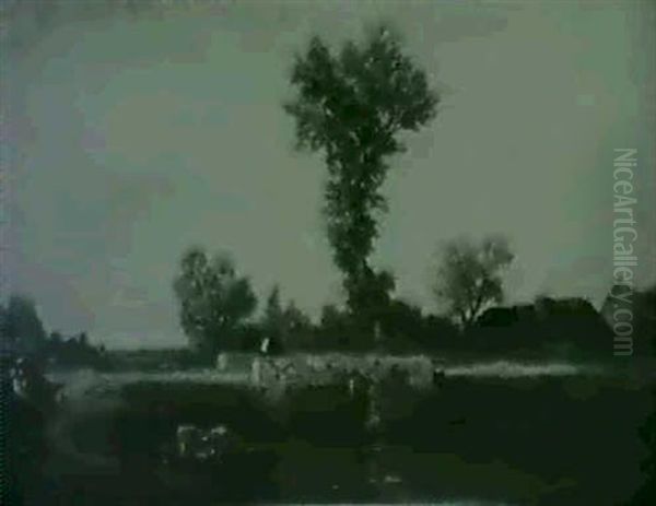 Cattle Watering, A Stone Bridge Beyond Oil Painting by Samuel Bough