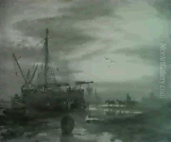 Loading The Cargo Ship At Dawn Oil Painting by Samuel Bough