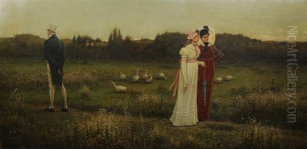 Two Women Talking Amongst Themselves While A Gentleman Is Facing Away Oil Painting by George Henry Boughton