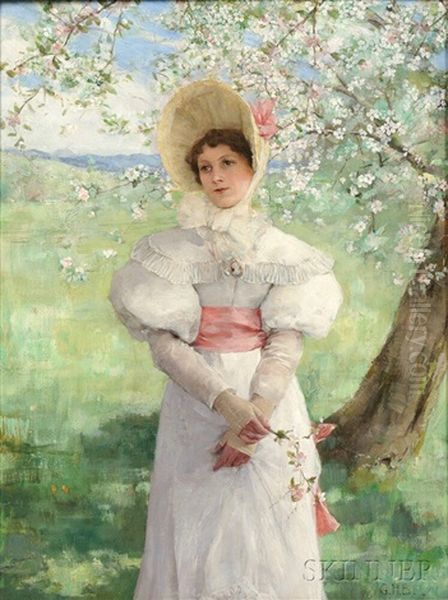 Young Woman In White Beneath Flowering Branches Oil Painting by George Henry Boughton