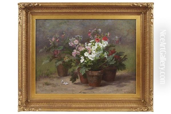 Flowers In Pots Oil Painting by Cecile Augustine Bougourd