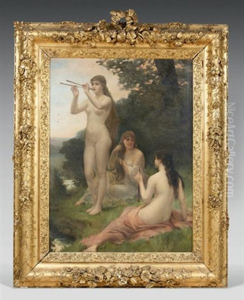 Trois Nymphes Musiciennes Denudees, Au Bord D'un Cours D'eau Oil Painting by William-Adolphe Bouguereau