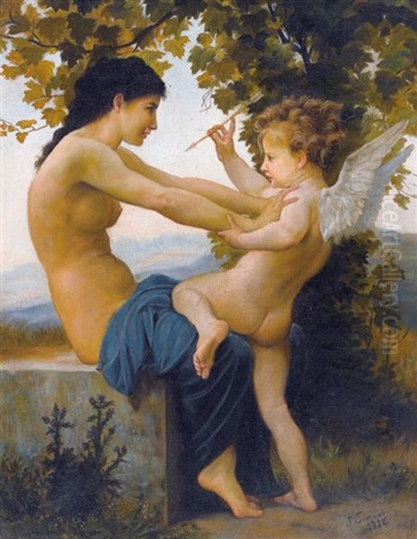 A Young Girl Defending Herself Against Eros Oil Painting by William-Adolphe Bouguereau