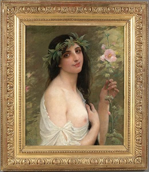 Hollyhocks Maiden Oil Painting by William-Adolphe Bouguereau